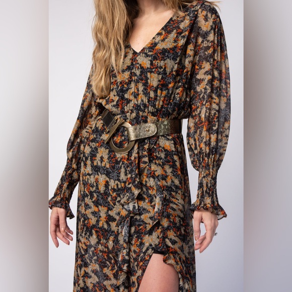 NWT $575 Iro Jorma Ruffled Printed Georgette Midi Dress In Black - Picture 8 of 11